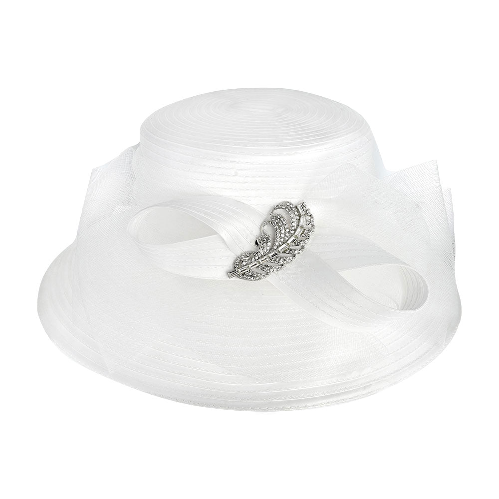 Rhinestone Embellished Feather Accented Mesh Bow Dressy Hat
