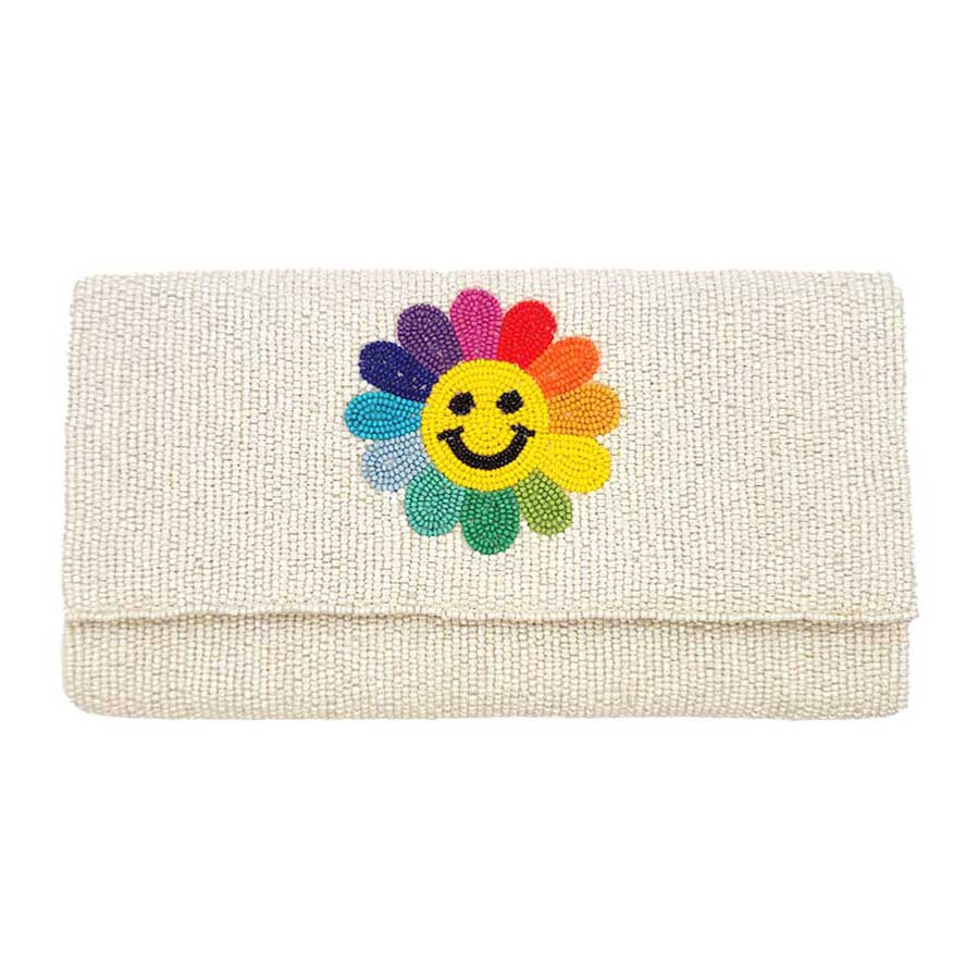 Smile Flower Accented Seed Beaded Clutch Crossbody Bag