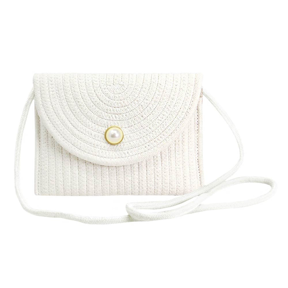 Solid Color With Pearl Button Straw Micro Crossbody Bag