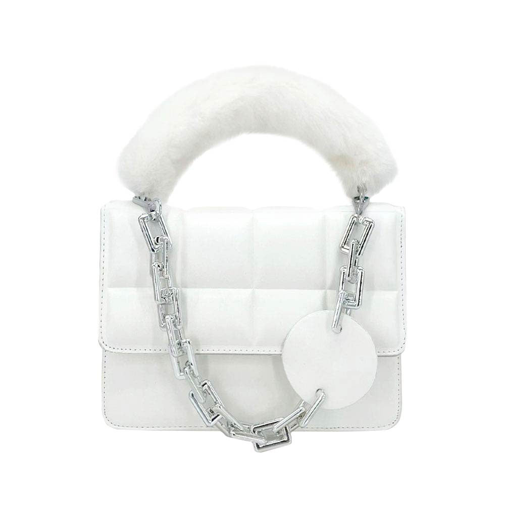 Solid Faux Fur Handle Tote Crossbody Bag