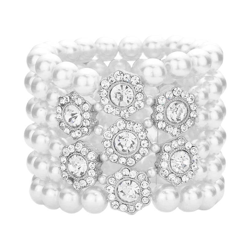 Stone Embellished Multi Layered Pearl Stretch Bracelet