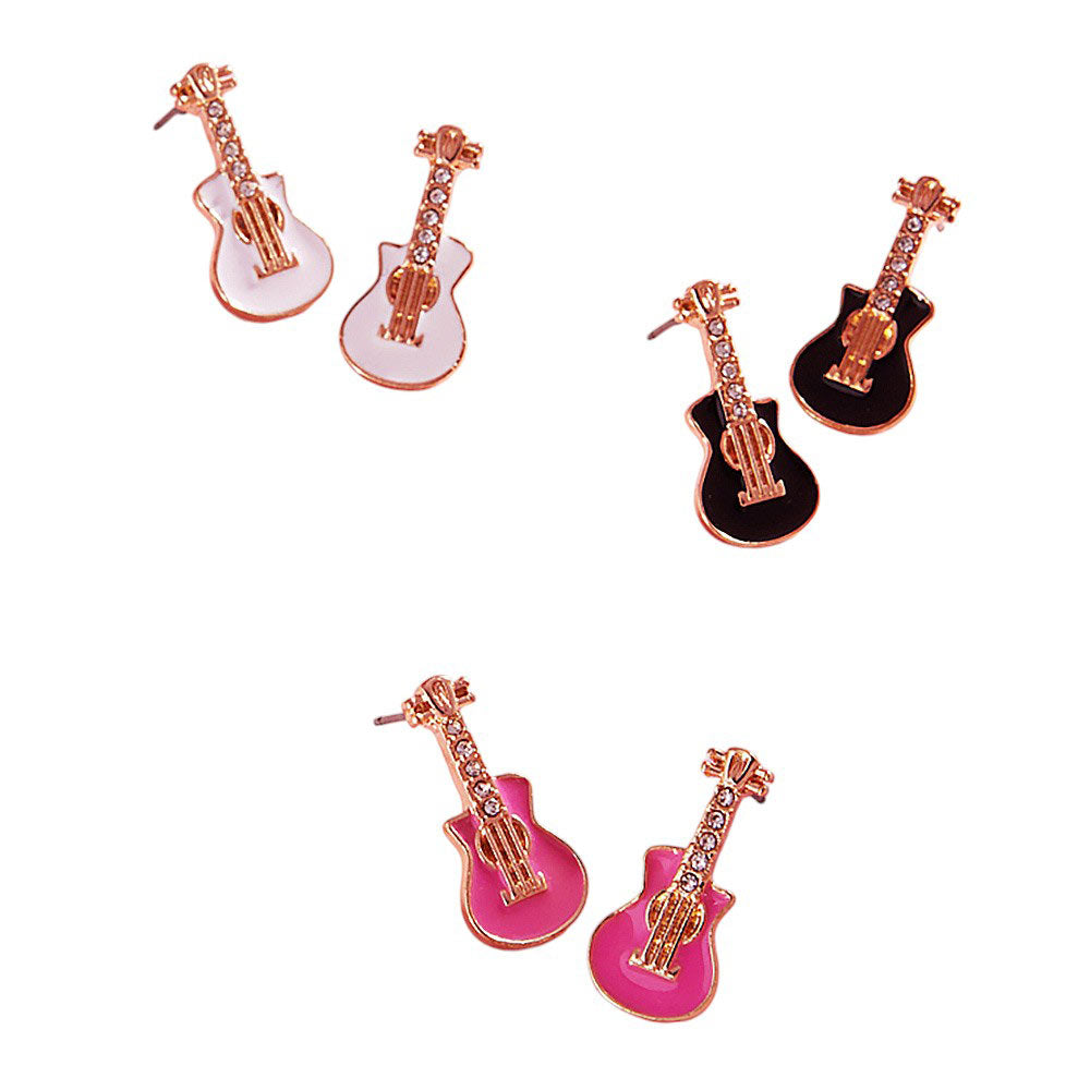 Stone Paved Enamel Guitar Stud Earrings