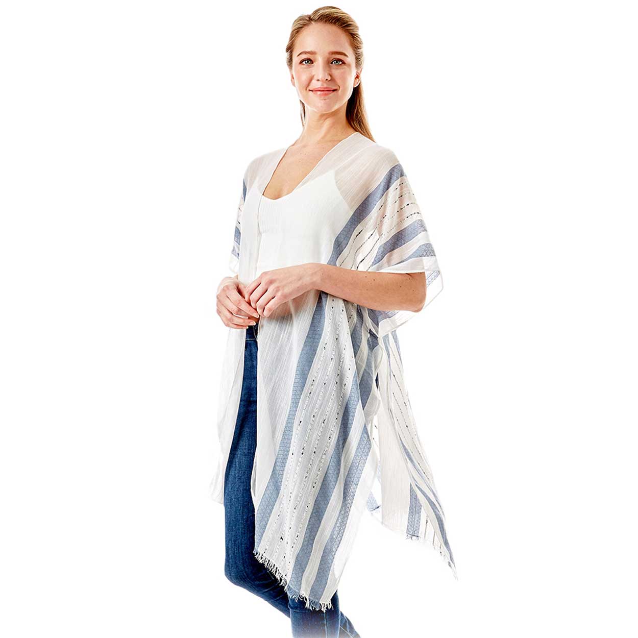 Striped Lurex Cover Up Poncho Kimono Poncho