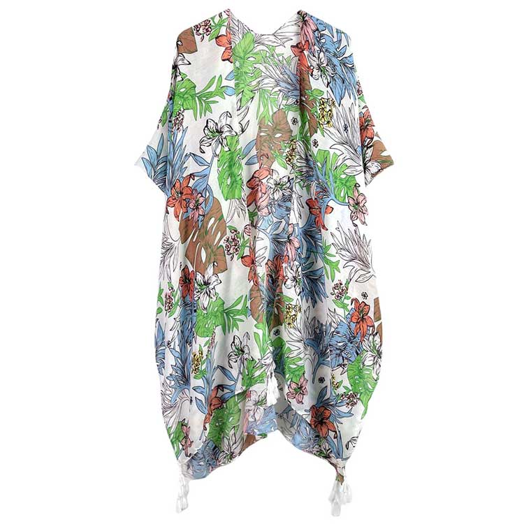 Tropical Leaf Flower Printed Cover Up Kimono Poncho