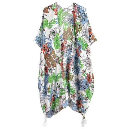 Tropical Leaf Flower Printed Cover Up Kimono Poncho