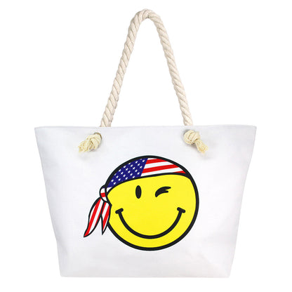 Smile Face With USA Bandana Print Beach Tote Bag