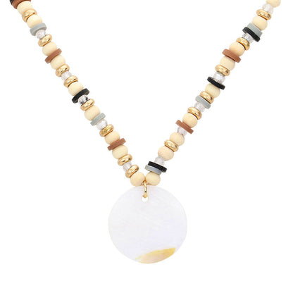 Wood Heishi Beaded Abalone Pendant Necklace