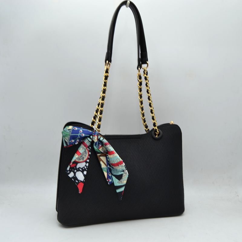 Elegant Textured Tote Bag with Chain Accent and Printed Scarf