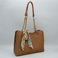 Elegant Textured Tote Bag with Chain Accent and Printed Scarf