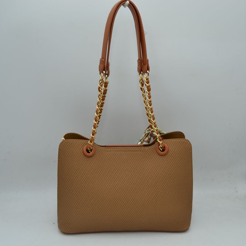 Elegant Textured Tote Bag with Chain Accent and Printed Scarf