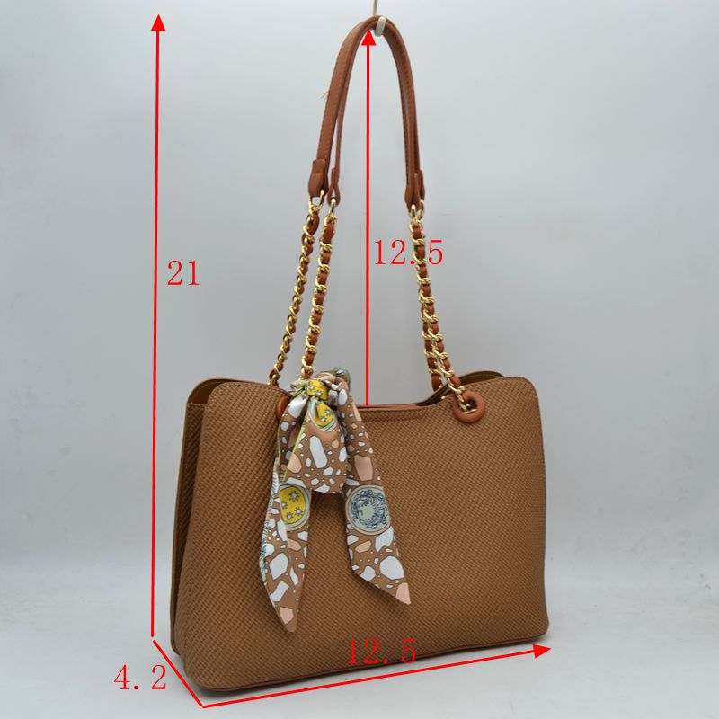 Elegant Textured Tote Bag with Chain Accent and Printed Scarf
