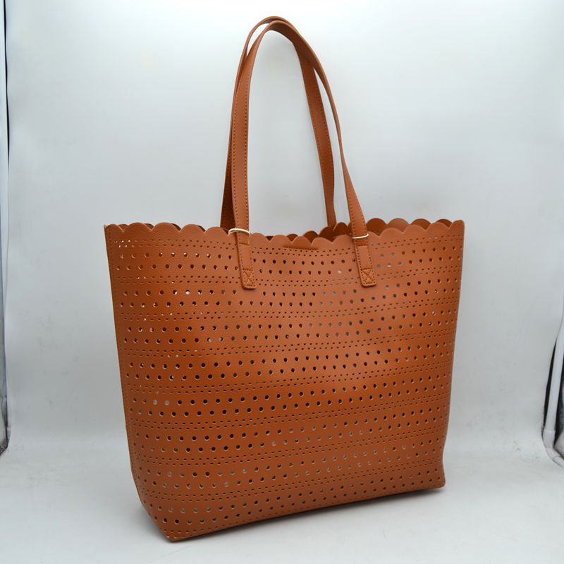 Laser-Cut Perforated Tote Bag with Scalloped Top Edge and Integrated Shoulder Straps