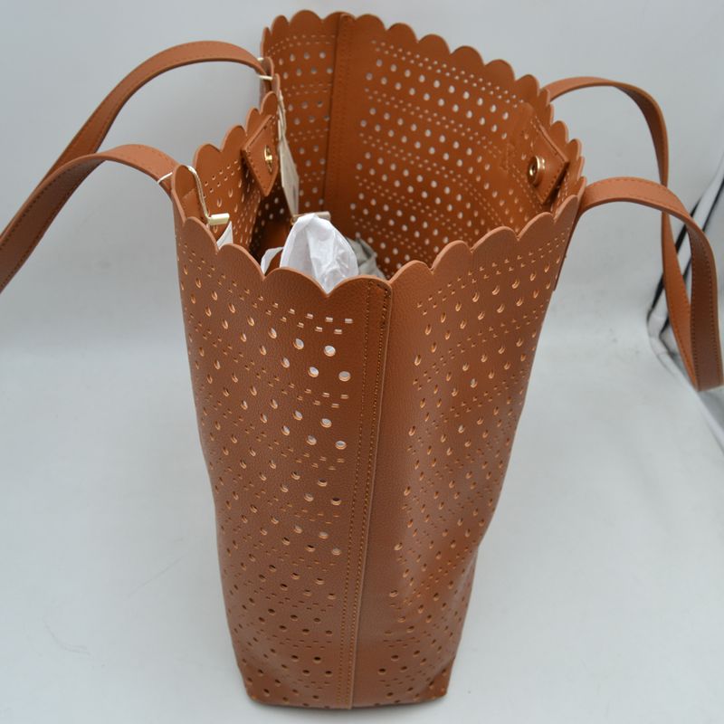 Laser-Cut Perforated Tote Bag with Scalloped Top Edge and Integrated Shoulder Straps