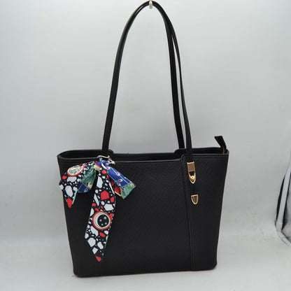 Riviera Textured Shoulder Tote Bag with Silk-Style Scarf Accent