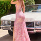 Vestido ajustado Ladivine Y038 con escote pronunciado, cuentas florales y lentejuelas