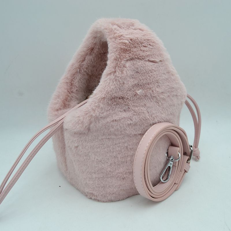 Plush Faux Fur Bucket Handbag with Drawstring and Removable Strap