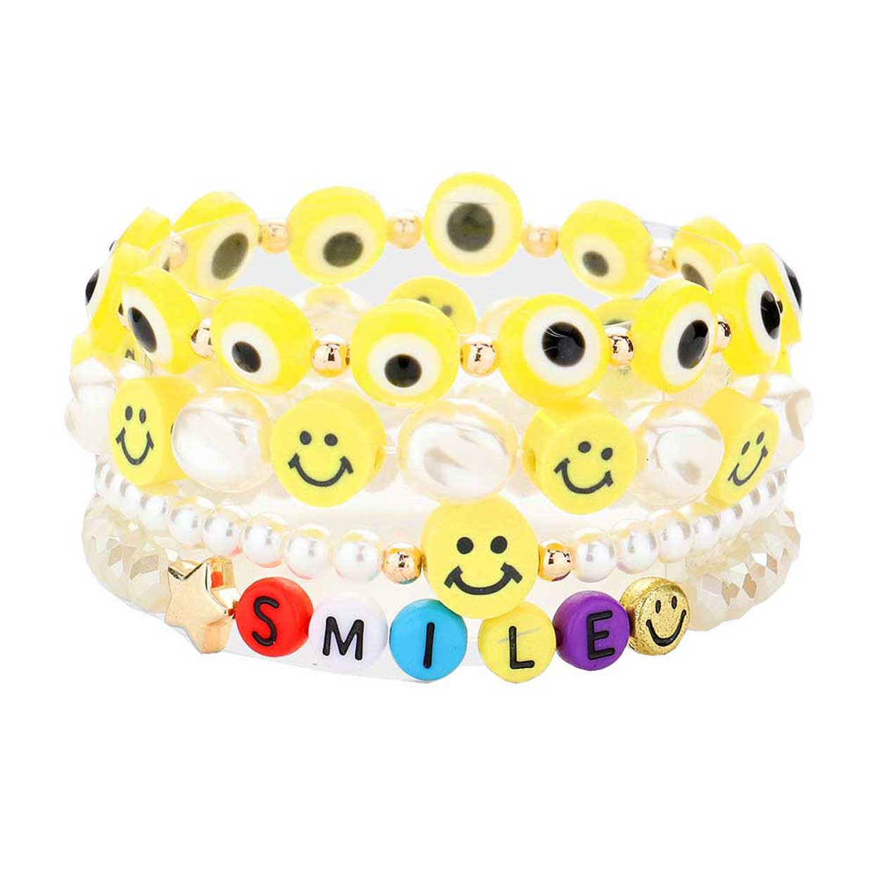 4PCS Freshwater Pearl Evil Eye Beaded Stretch Bracelets