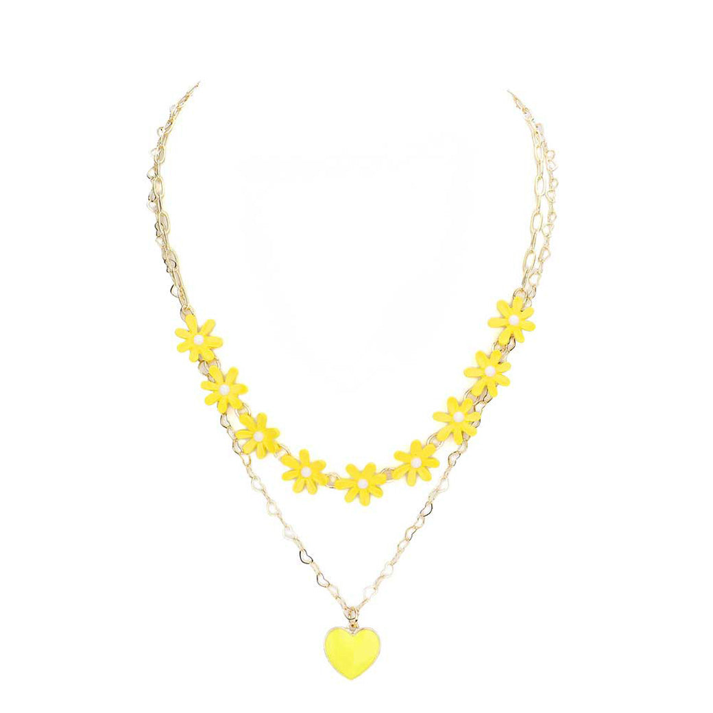 Enamel Heart Pendant Flower Link Double Layered Necklace