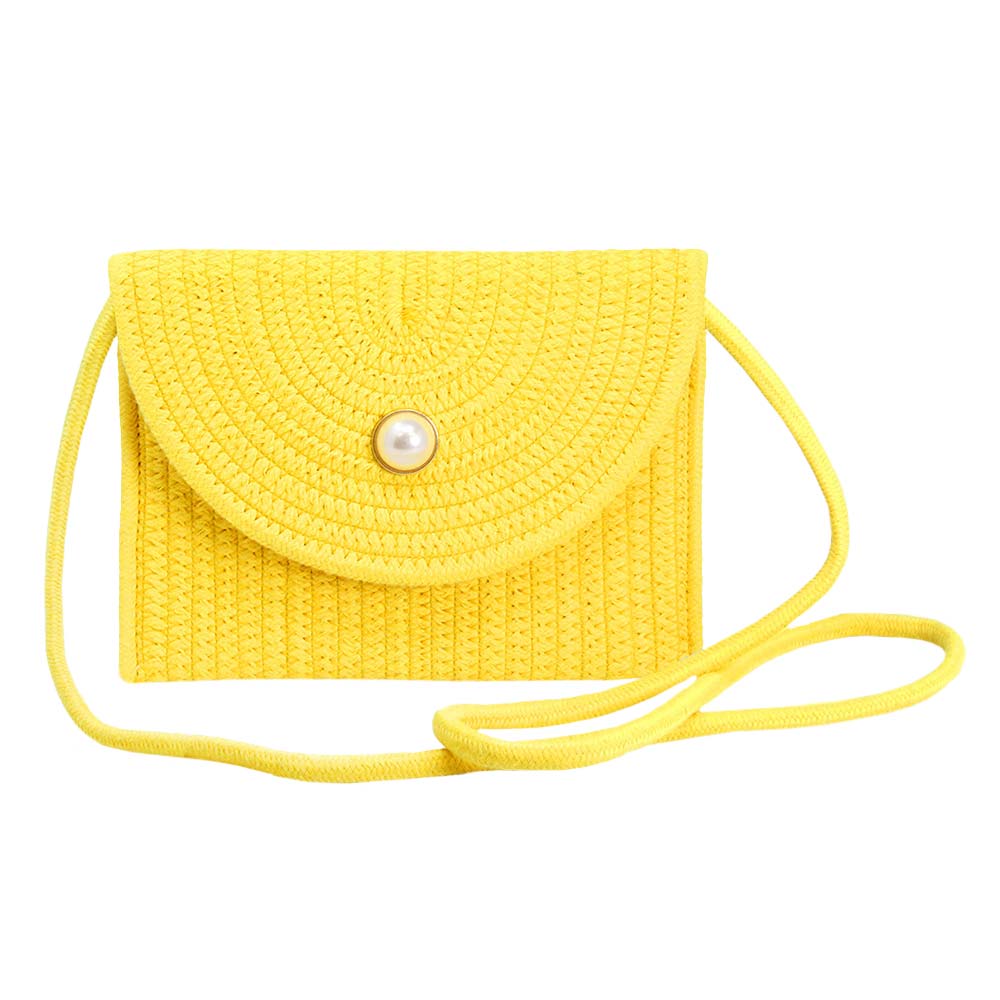 Solid Color With Pearl Button Straw Micro Crossbody Bag