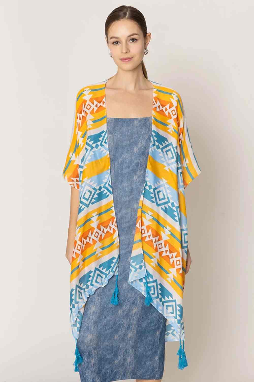 Striking Aztec Pattern Print Tassel Kimono