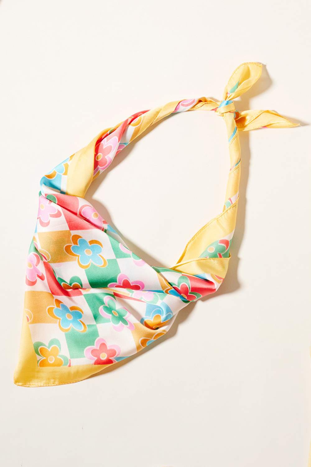 Checkered with Daisy Pattern Square Silky Scarf