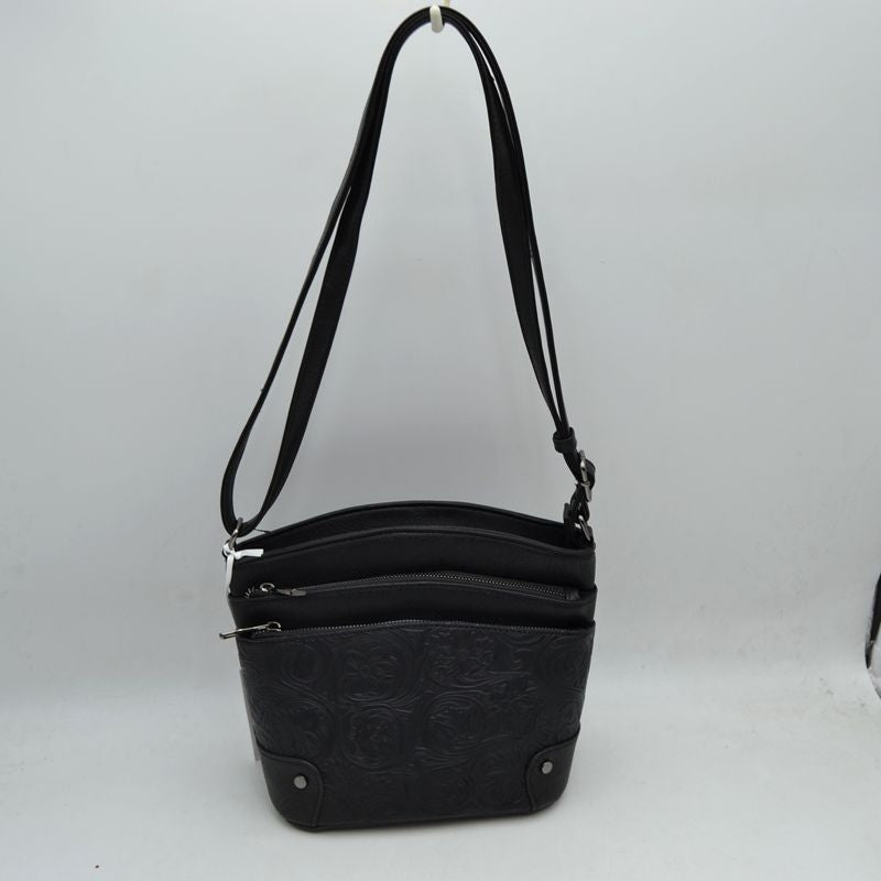 Embossed Floral Multi-Zipper Crossbody Bag with Adjustable Strap