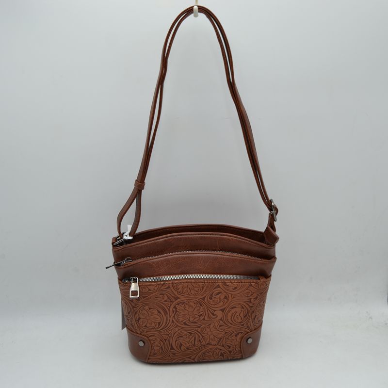 Embossed Floral Multi-Zipper Crossbody Bag with Adjustable Strap