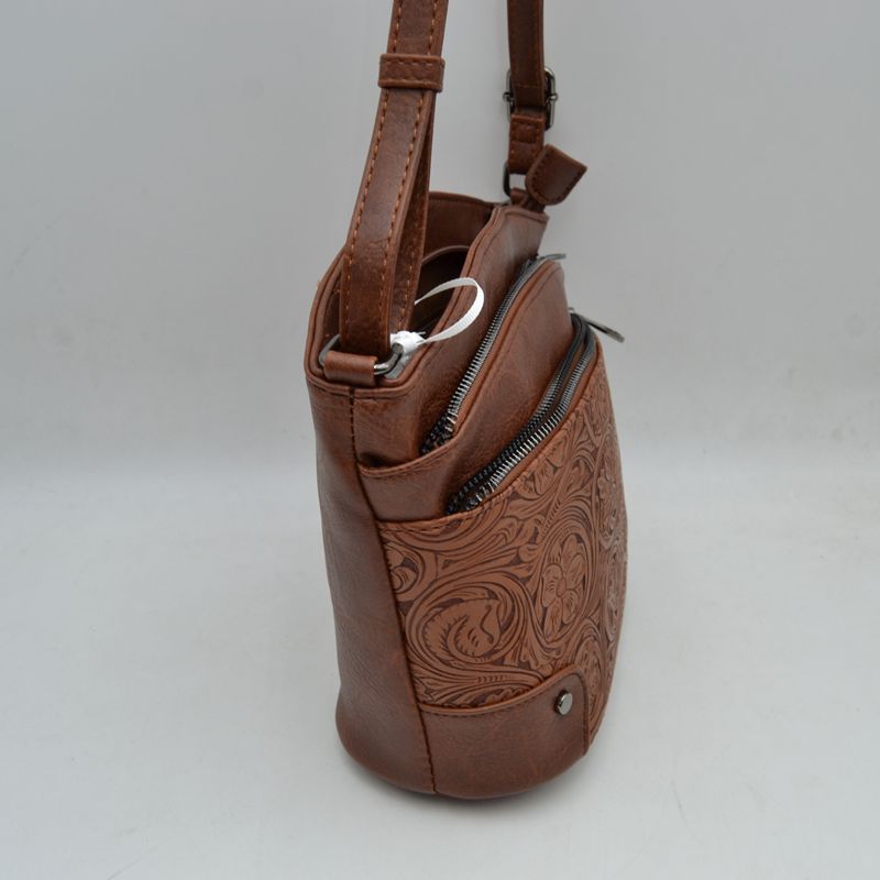 Embossed Floral Multi-Zipper Crossbody Bag with Adjustable Strap