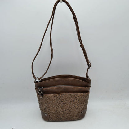 Embossed Floral Multi-Zipper Crossbody Bag with Adjustable Strap