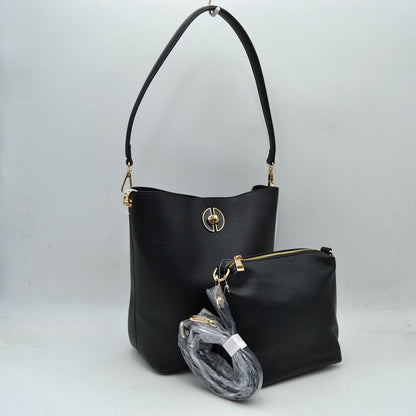 Pebbled Bucket Bag and Crossbody Pouch Set with Circular Lock Accent