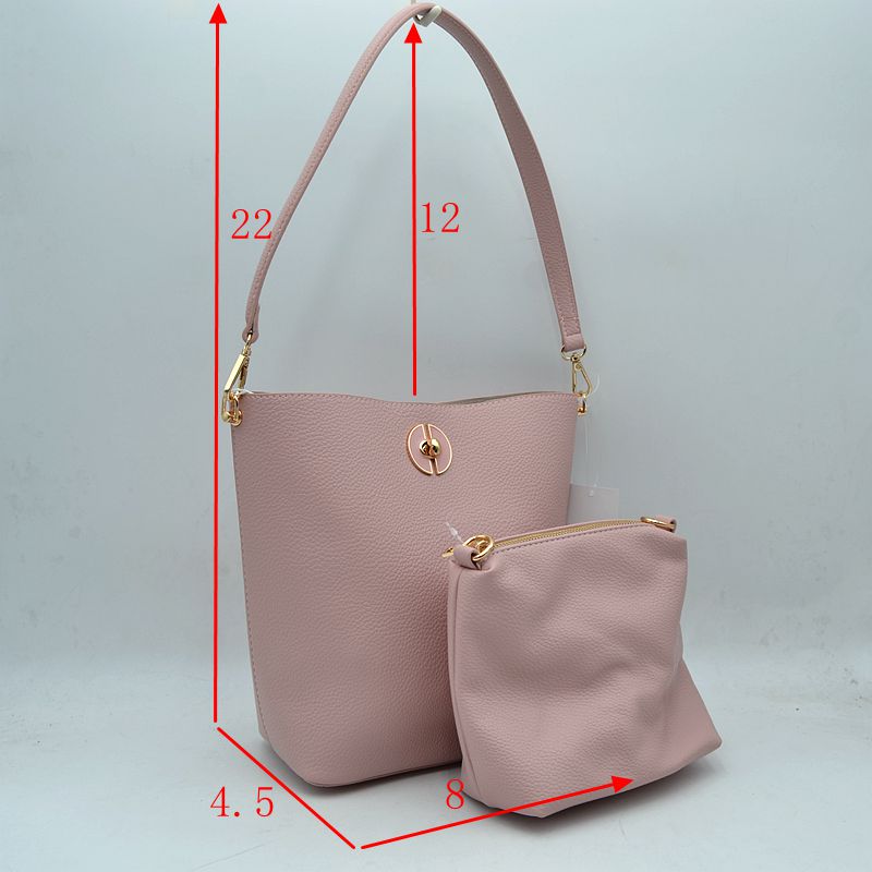 Pebbled Bucket Bag and Crossbody Pouch Set with Circular Lock Accent