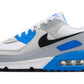 Zapatillas Nike Air Max 90 para hombre (FN6958-102 Blanco/Azul foto/Platino puro/Negro) Talla 10