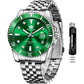 OLEVS Reloj verde para hombre, relojes de lujo plateados para hombre, relojes de pulsera de acero inoxidable de esfera grande, fecha, impermeables, casuales, para hombre