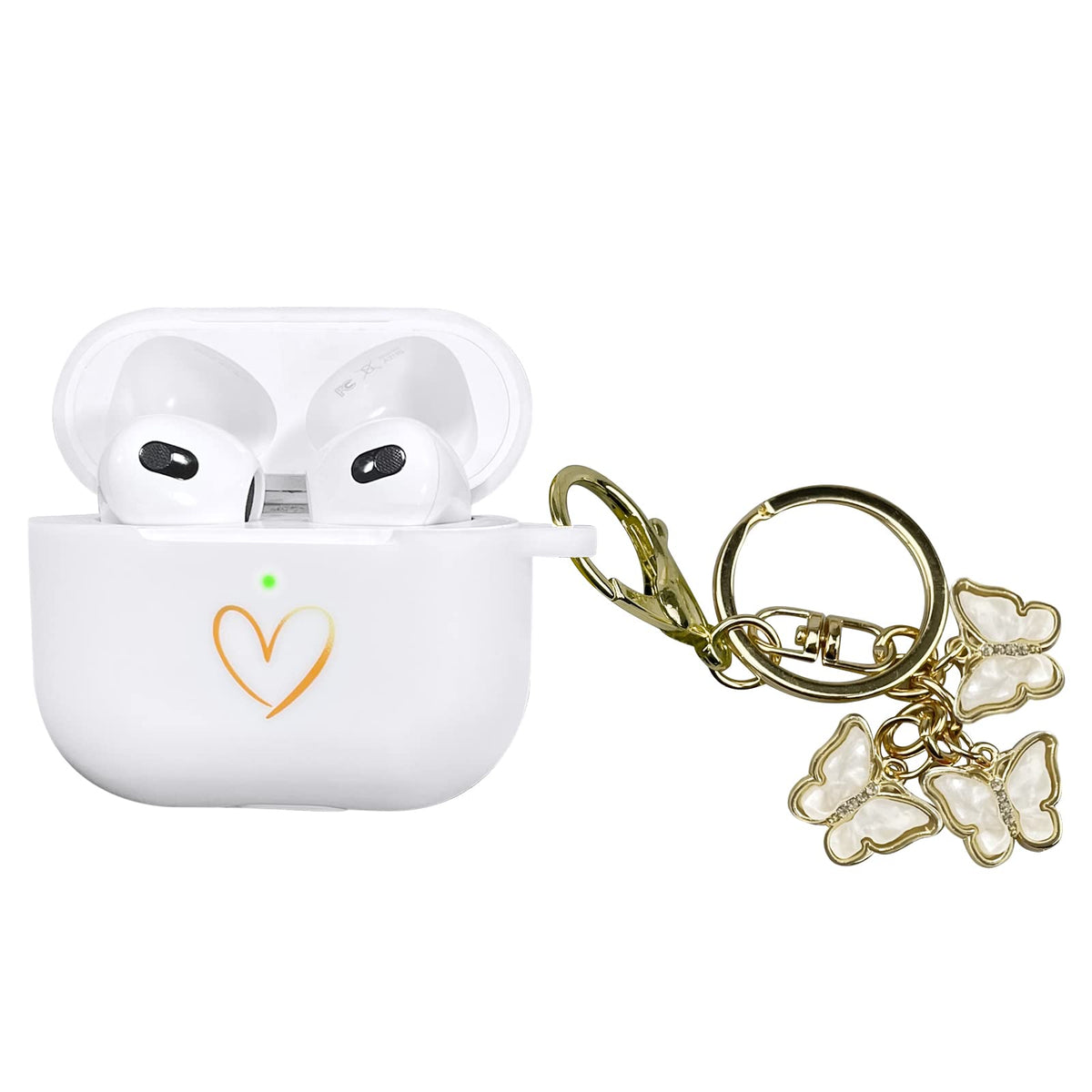 AIIEKZ Compatible con funda AirPods 3 2021 de silicona suave con patrón de corazón dorado para funda AirPods de 3.ª generación con bonito llavero de mariposa para niñas y mujeres (blanco)