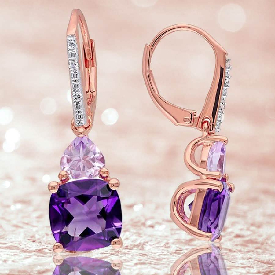 Pendientes colgantes de palanca con dúo de piedras de amatista y tanzanita