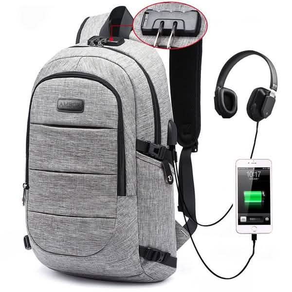 Mochila Clásica Antirrobo Impermeable con Puerto de Carga USB e Interfaz de Auriculares