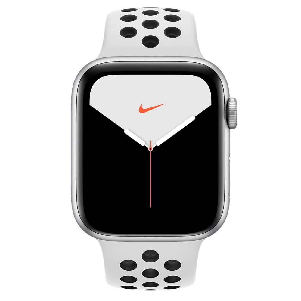 Apple Watch Nike Series 5 (GPS) 44 mm Caja de aluminio plateado con correa deportiva Nike Pure Platinum/Negro
