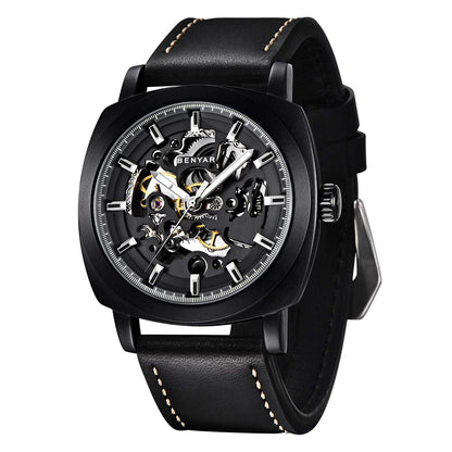 Relojes automáticos Benyar para hombre | Reloj de pulsera para hombre con correa de cuero mecánica de esqueleto | Esfera de 45 mm | 30M resistente al agua | Regalo elegante para hombre