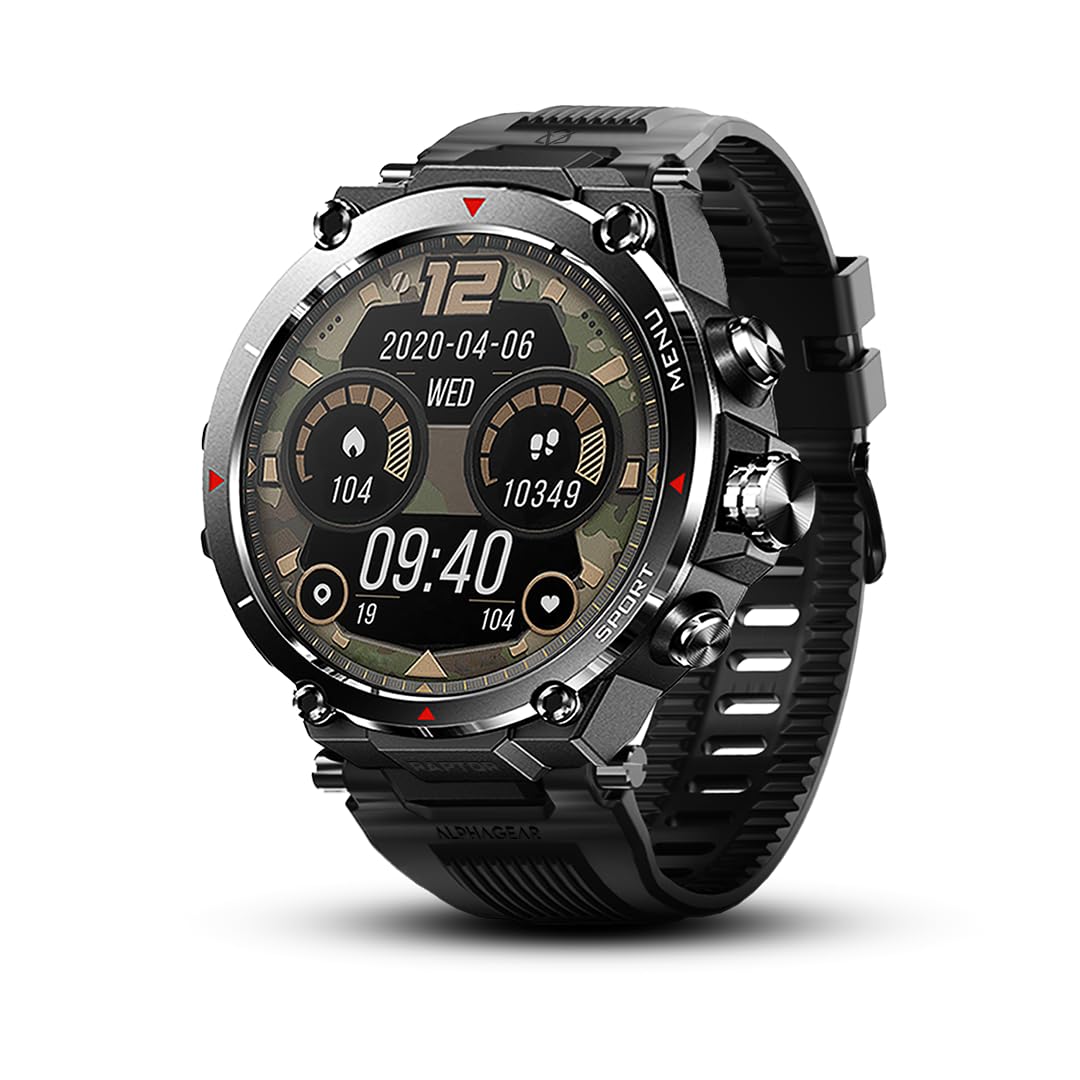ALPHAGEAR Raptor Smartwatch para Android iPhone, Monitor de Bienestar con Pantalla Grande de 1.45" +14 Días de Batería, Resistente al Agua 5 ATM (2 Protectores de Pantalla Incluidos)