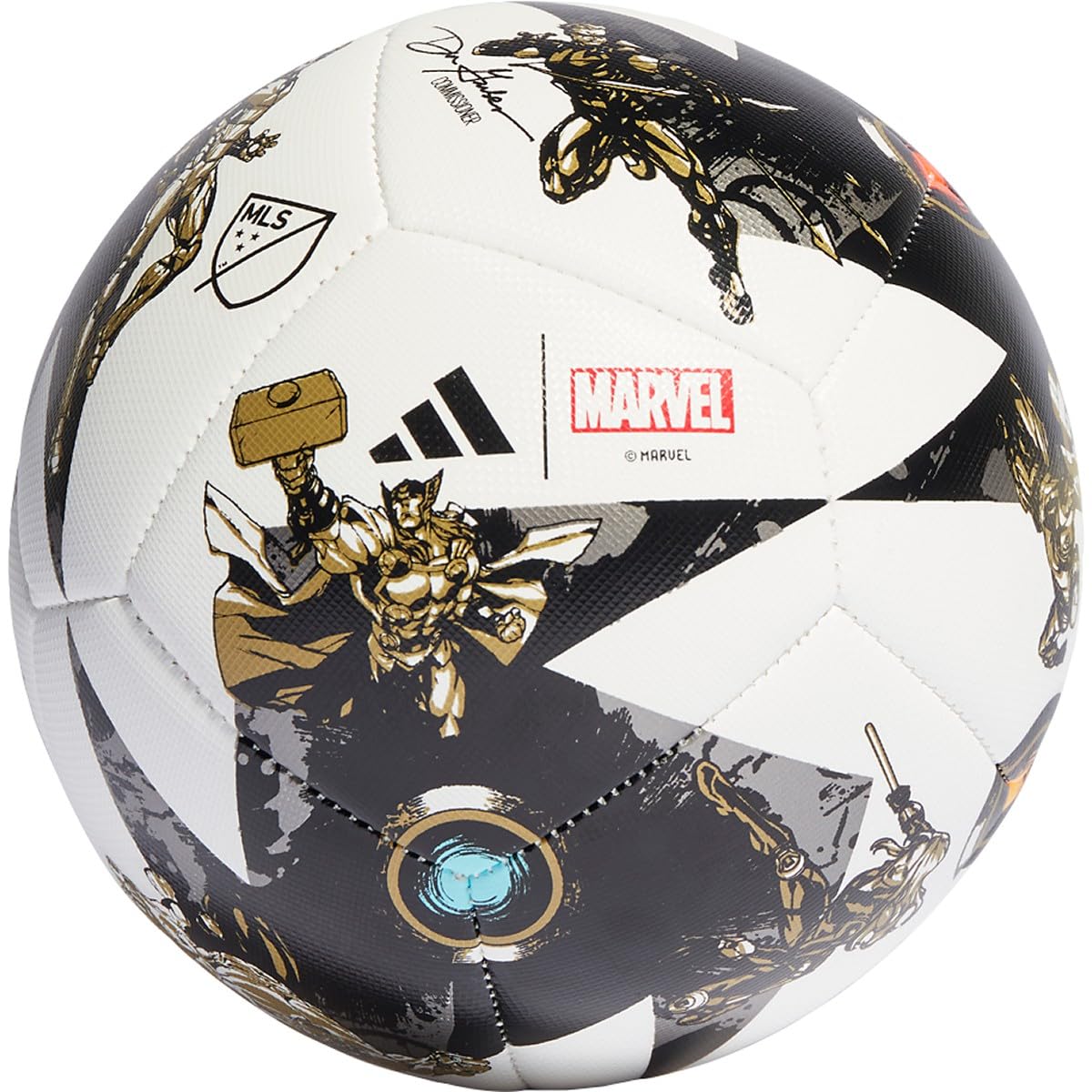 adidas MLS 2023 Colección de balones Marvel - Mini balón del All-Star Game (1 Negro/Blanco/Metálico Hierro/Metálico Oro (Mini))