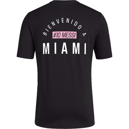 adidas Mens Soccer Messi X Miami Bienvenido a Miami Tee - Classic Relax Fit with Messi Graphic Logo and #10 Available in Black & White (Small Black)