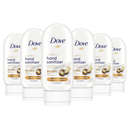 Desinfectante nutritivo de manos Dove 99.99 por ciento eficaz contra los gérmenes, manteca de karité y vainilla cálida, gel antibacteriano con 61 por ciento de alcohol y humectación duradera hasta por 8 horas, 2 oz, paquete de 6