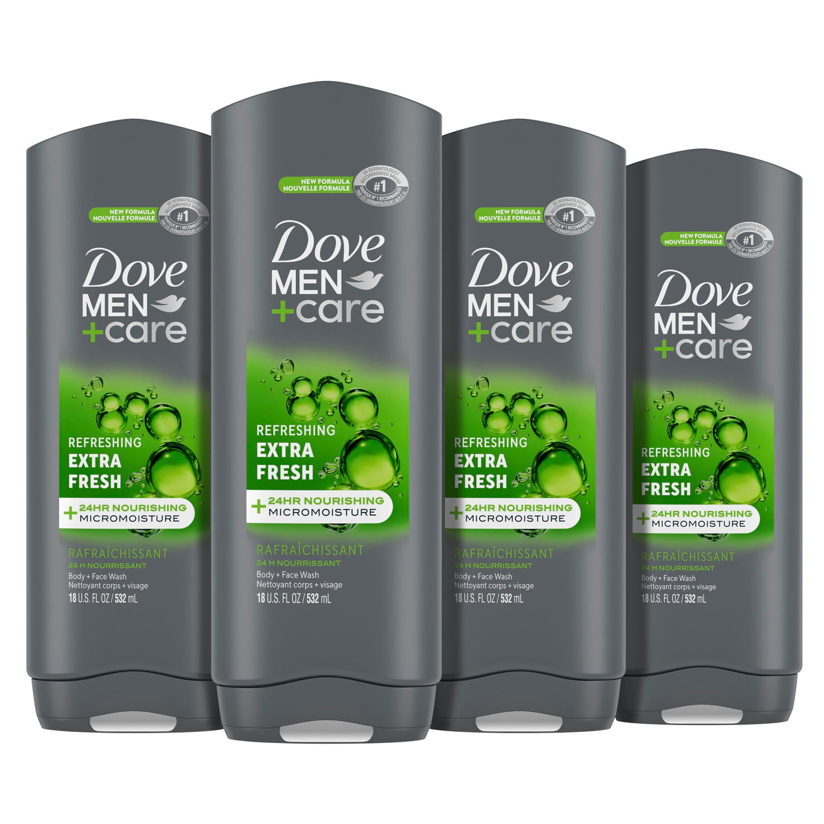 Dove Men+Care Jabón Corporal Extra Fresh para Hombres (4 unidades) para el Cuidado de la Piel: Limpia eficazmente las bacterias a la vez que nutre tu piel, 532 ml