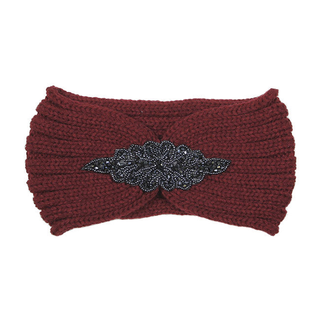 Beaded Flower Applique Knit Headband Earmuff Ear Warmer
