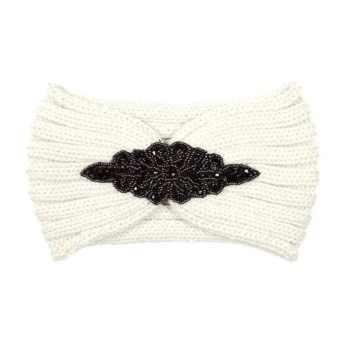 Beaded Flower Applique Knit Headband Earmuff Ear Warmer