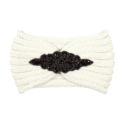 Beaded Flower Applique Knit Headband Earmuff Ear Warmer