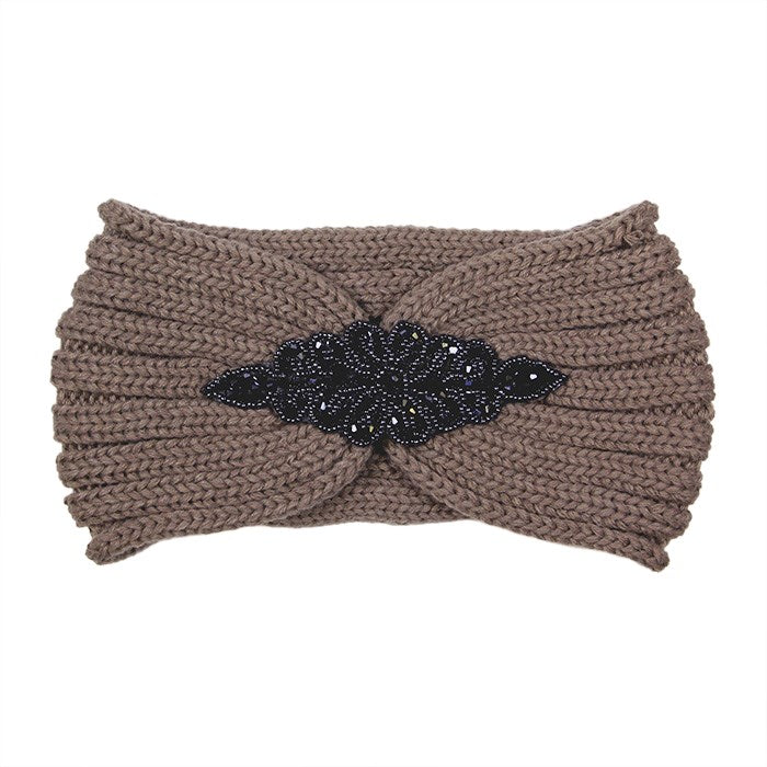 Beaded Flower Applique Knit Headband Earmuff Ear Warmer