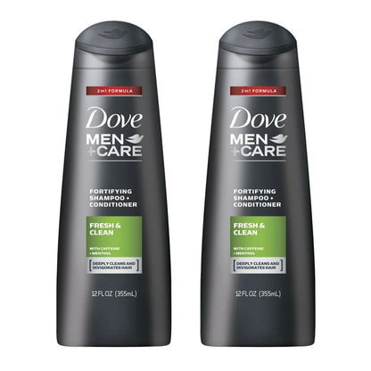 Dove Men+Care Champú y Acondicionador Fortificante 2 en 1 Fresco y Limpio para Cabello Normal a Graso con Cafeína y Mentol para Ayudar a Fortalecer y Nutrir el Cabello, 355 ml (Paquete de 2)