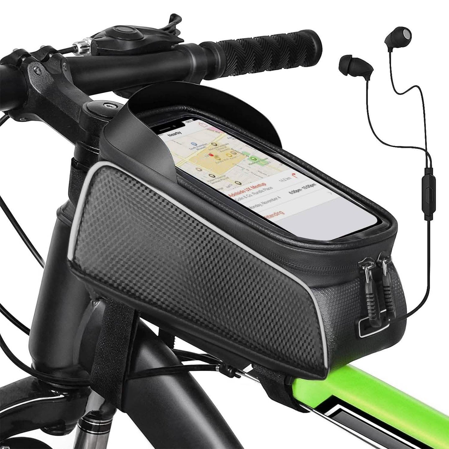 Bolsa para cuadro delantero de bicicleta con pantalla táctil y visera solar