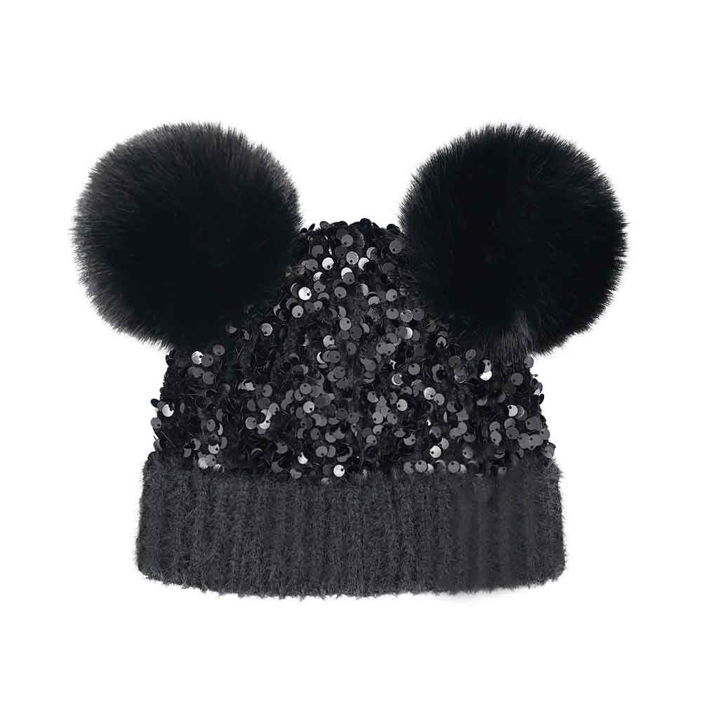 Gorro C.C con pompón doble de piel sintética con lentejuelas en racimo BEBÉ